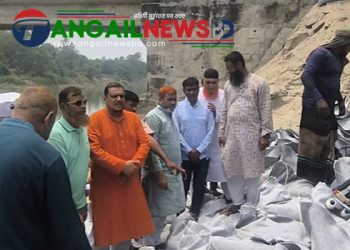 মির্জাপুরে নদের ভাঙন থেকে সেতু বাঁচাতে জিওব্যাগ ফেলছেন গ্রামবাসী