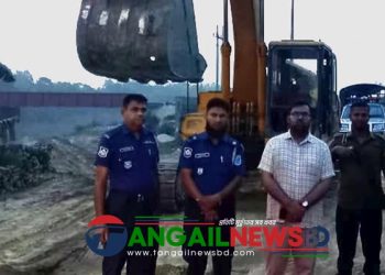 কালিহাতীর পৌলী নদীর মহেলা বালু ঘাটে অভিযানে ভেকু জব্দ