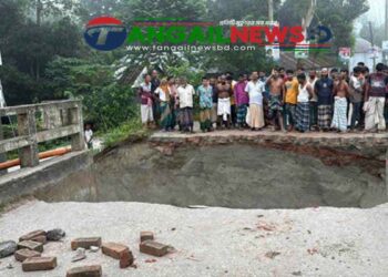 টাঙ্গাইলে চারাবাড়ী এসডিএস সেতুর অ্যাপ্রোচ সড়ক ধসে যানবাহন চলাচল বন্ধ