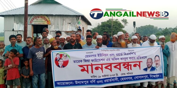 গোপালপুরে তারেক জিয়া ফাউন্ডেশনে হামলার প্রতিবাদে মিছিল ও মানববন্ধন