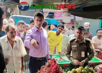 ধনবাড়ীতে ফুটপাত দখল করায় মোবাইল কোর্টের জরিমানা