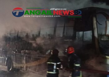 ঢাকা-টাঙ্গাইল মহাসড়কের বাঐখোলায় চলন্ত বাসে আগুন