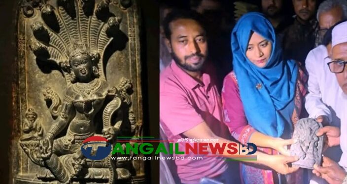 সখীপুরে পুকুর থেকে মনসা দেবীর প্রাচীন পাথরের মুর্তি উদ্ধার