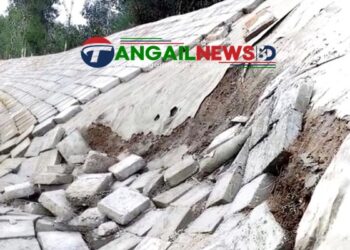 মধুপুরে বংশাই নদীর পাড় রক্ষা নির্মাণের ১৫ দিনেই প্যালাসেডিং ব্লকে ধস
