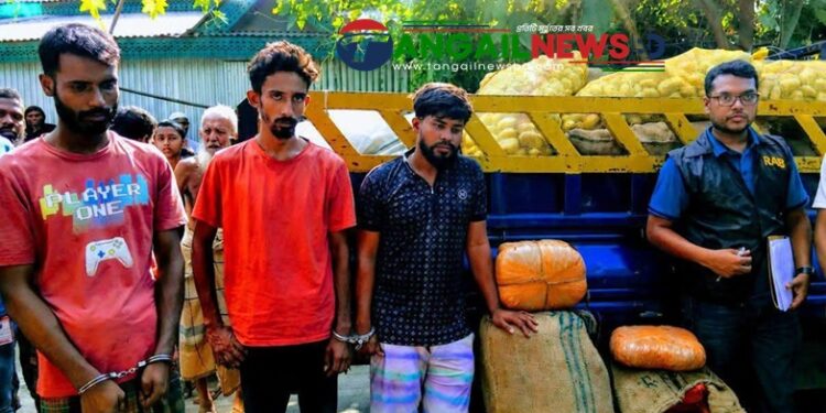 গোপালপুরে আলুবোঝাই পিকআপে দুই বস্তা গাঁজাসহ ৩ জন আটক