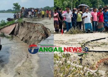 গোপালপুরের শাখারিয়া স্লুইসগেট অংশে প্রায় ১০০ মিটার বাঁধ বিধ্বস্ত