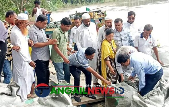 দেলদুয়ারে এলেংজানী নদীর ভাঙ্গন রোধে জিও ব্যাগ স্থাপন